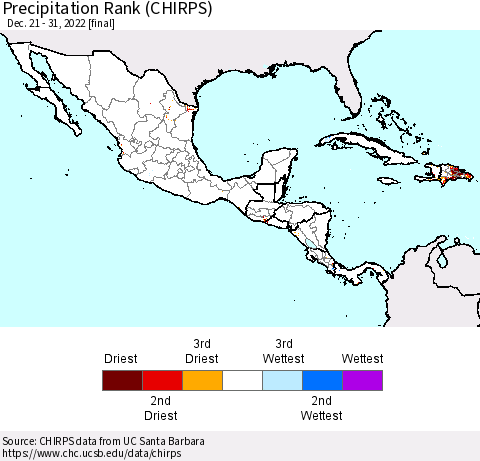 Mexico Central America and the Caribbean Precipitation Rank since 1981 (CHIRPS) Thematic Map For 12/21/2022 - 12/31/2022