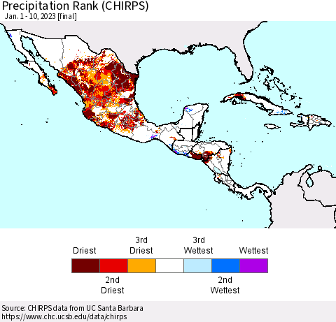 Mexico Central America and the Caribbean Precipitation Rank since 1981 (CHIRPS) Thematic Map For 1/1/2023 - 1/10/2023