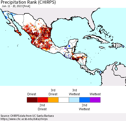 Mexico Central America and the Caribbean Precipitation Rank since 1981 (CHIRPS) Thematic Map For 1/11/2023 - 1/20/2023