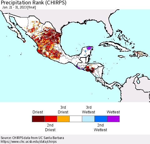 Mexico Central America and the Caribbean Precipitation Rank since 1981 (CHIRPS) Thematic Map For 1/21/2023 - 1/31/2023