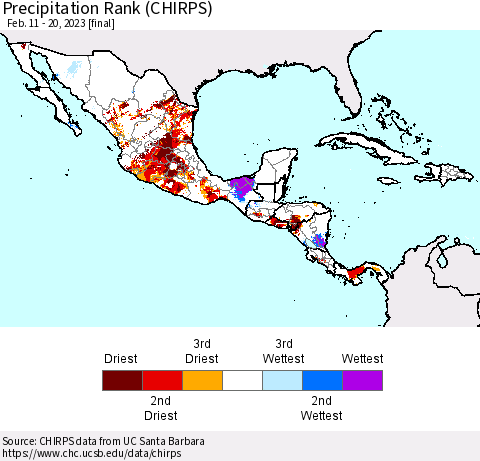 Mexico Central America and the Caribbean Precipitation Rank since 1981 (CHIRPS) Thematic Map For 2/11/2023 - 2/20/2023