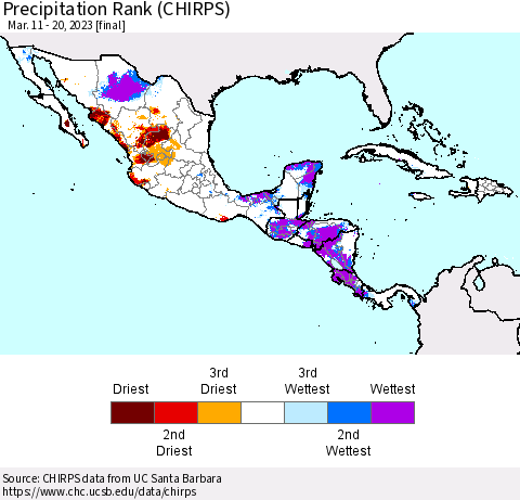Mexico Central America and the Caribbean Precipitation Rank since 1981 (CHIRPS) Thematic Map For 3/11/2023 - 3/20/2023