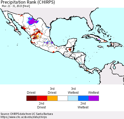 Mexico Central America and the Caribbean Precipitation Rank since 1981 (CHIRPS) Thematic Map For 3/21/2023 - 3/31/2023