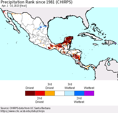 Mexico Central America and the Caribbean Precipitation Rank since 1981 (CHIRPS) Thematic Map For 4/1/2023 - 4/10/2023