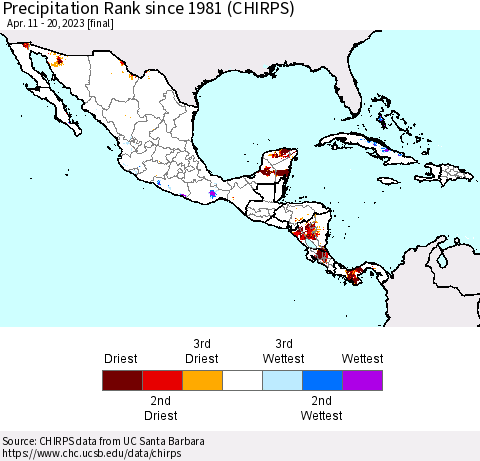 Mexico Central America and the Caribbean Precipitation Rank since 1981 (CHIRPS) Thematic Map For 4/11/2023 - 4/20/2023