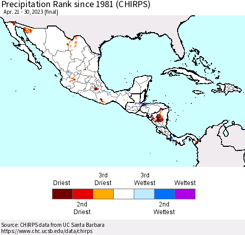 Mexico Central America and the Caribbean Precipitation Rank since 1981 (CHIRPS) Thematic Map For 4/21/2023 - 4/30/2023