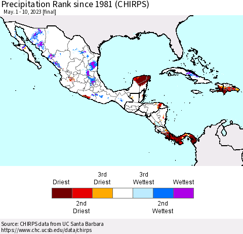 Mexico Central America and the Caribbean Precipitation Rank since 1981 (CHIRPS) Thematic Map For 5/1/2023 - 5/10/2023