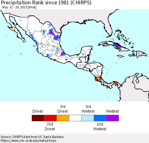 Mexico Central America and the Caribbean Precipitation Rank since 1981 (CHIRPS) Thematic Map For 5/11/2023 - 5/20/2023