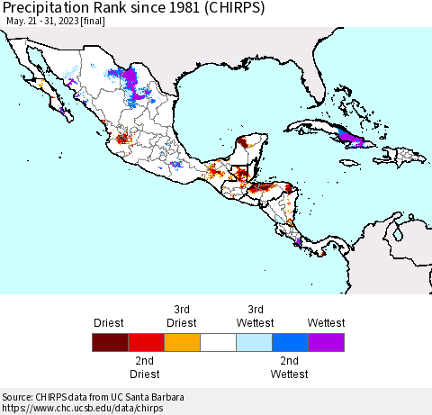 Mexico Central America and the Caribbean Precipitation Rank since 1981 (CHIRPS) Thematic Map For 5/21/2023 - 5/31/2023