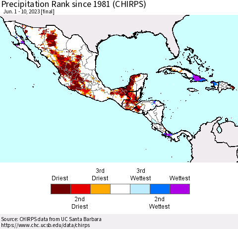 Mexico Central America and the Caribbean Precipitation Rank since 1981 (CHIRPS) Thematic Map For 6/1/2023 - 6/10/2023