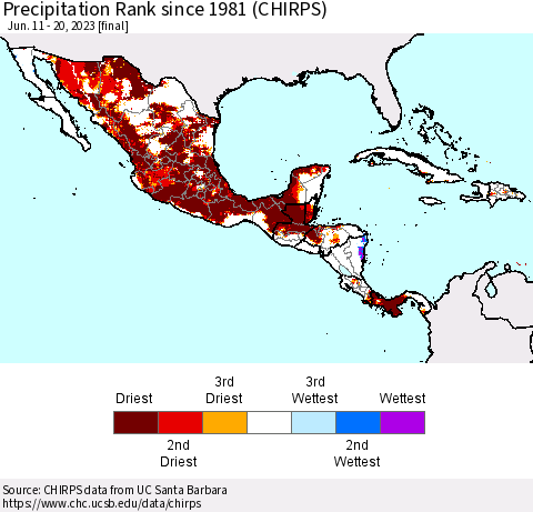Mexico Central America and the Caribbean Precipitation Rank since 1981 (CHIRPS) Thematic Map For 6/11/2023 - 6/20/2023