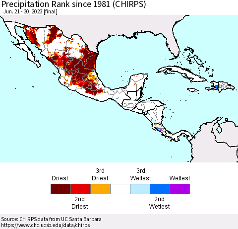 Mexico Central America and the Caribbean Precipitation Rank since 1981 (CHIRPS) Thematic Map For 6/21/2023 - 6/30/2023