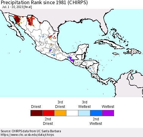 Mexico Central America and the Caribbean Precipitation Rank since 1981 (CHIRPS) Thematic Map For 7/1/2023 - 7/10/2023