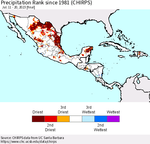 Mexico Central America and the Caribbean Precipitation Rank since 1981 (CHIRPS) Thematic Map For 7/11/2023 - 7/20/2023