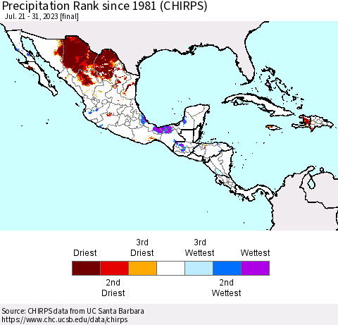 Mexico Central America and the Caribbean Precipitation Rank since 1981 (CHIRPS) Thematic Map For 7/21/2023 - 7/31/2023