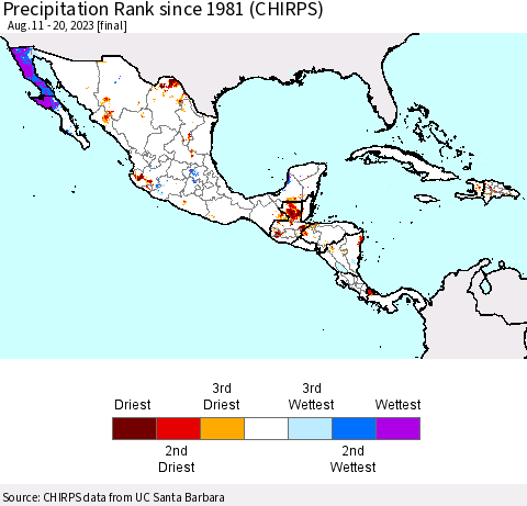 Mexico Central America and the Caribbean Precipitation Rank since 1981 (CHIRPS) Thematic Map For 8/11/2023 - 8/20/2023