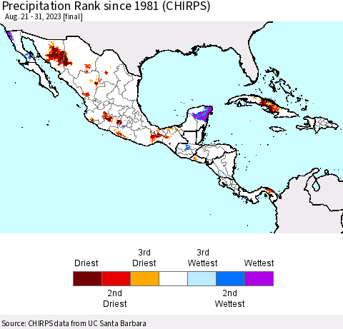 Mexico Central America and the Caribbean Precipitation Rank since 1981 (CHIRPS) Thematic Map For 8/21/2023 - 8/31/2023