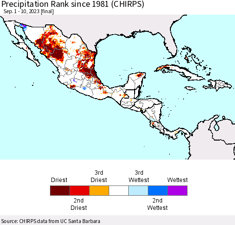 Mexico Central America and the Caribbean Precipitation Rank since 1981 (CHIRPS) Thematic Map For 9/1/2023 - 9/10/2023