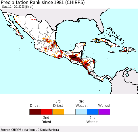 Mexico Central America and the Caribbean Precipitation Rank since 1981 (CHIRPS) Thematic Map For 9/11/2023 - 9/20/2023