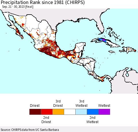 Mexico Central America and the Caribbean Precipitation Rank since 1981 (CHIRPS) Thematic Map For 9/21/2023 - 9/30/2023