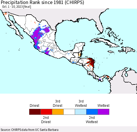 Mexico Central America and the Caribbean Precipitation Rank since 1981 (CHIRPS) Thematic Map For 10/1/2023 - 10/10/2023