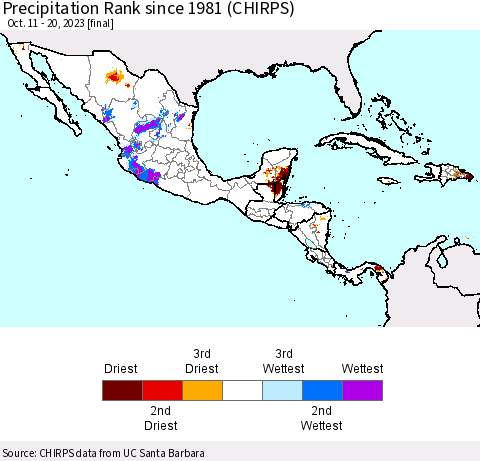 Mexico Central America and the Caribbean Precipitation Rank since 1981 (CHIRPS) Thematic Map For 10/11/2023 - 10/20/2023