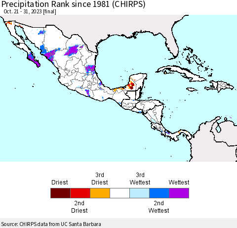 Mexico Central America and the Caribbean Precipitation Rank since 1981 (CHIRPS) Thematic Map For 10/21/2023 - 10/31/2023
