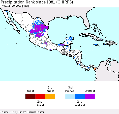 Mexico Central America and the Caribbean Precipitation Rank since 1981 (CHIRPS) Thematic Map For 11/11/2023 - 11/20/2023