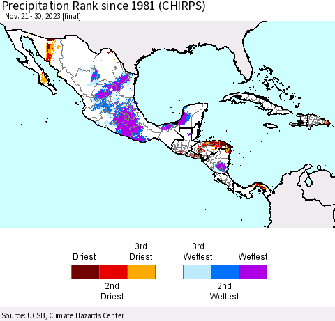 Mexico Central America and the Caribbean Precipitation Rank since 1981 (CHIRPS) Thematic Map For 11/21/2023 - 11/30/2023
