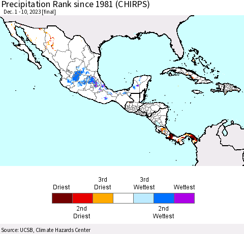 Mexico Central America and the Caribbean Precipitation Rank since 1981 (CHIRPS) Thematic Map For 12/1/2023 - 12/10/2023