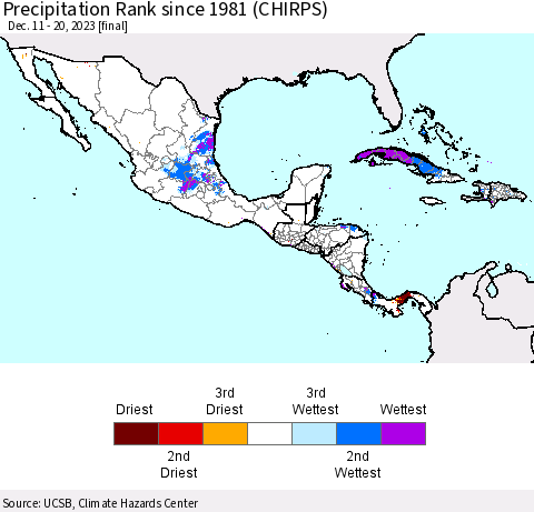 Mexico Central America and the Caribbean Precipitation Rank since 1981 (CHIRPS) Thematic Map For 12/11/2023 - 12/20/2023