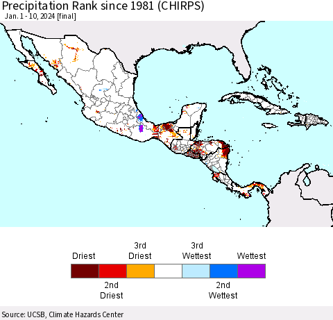 Mexico Central America and the Caribbean Precipitation Rank since 1981 (CHIRPS) Thematic Map For 1/1/2024 - 1/10/2024