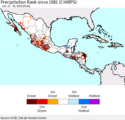 Mexico Central America and the Caribbean Precipitation Rank since 1981 (CHIRPS) Thematic Map For 1/11/2024 - 1/20/2024