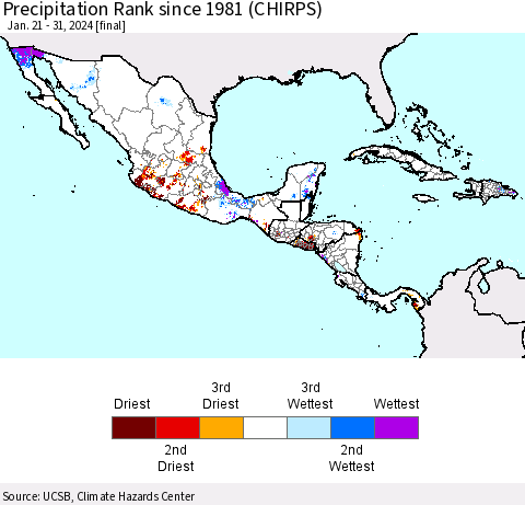 Mexico Central America and the Caribbean Precipitation Rank since 1981 (CHIRPS) Thematic Map For 1/21/2024 - 1/31/2024