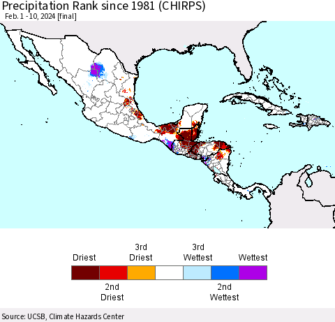 Mexico Central America and the Caribbean Precipitation Rank since 1981 (CHIRPS) Thematic Map For 2/1/2024 - 2/10/2024