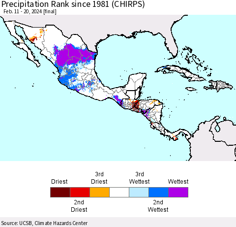 Mexico Central America and the Caribbean Precipitation Rank since 1981 (CHIRPS) Thematic Map For 2/11/2024 - 2/20/2024