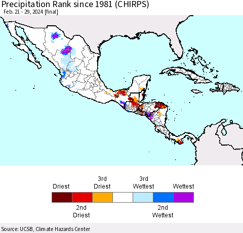 Mexico Central America and the Caribbean Precipitation Rank since 1981 (CHIRPS) Thematic Map For 2/21/2024 - 2/29/2024