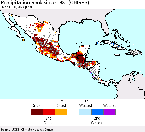 Mexico Central America and the Caribbean Precipitation Rank since 1981 (CHIRPS) Thematic Map For 3/1/2024 - 3/10/2024