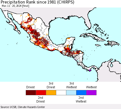 Mexico Central America and the Caribbean Precipitation Rank since 1981 (CHIRPS) Thematic Map For 3/11/2024 - 3/20/2024