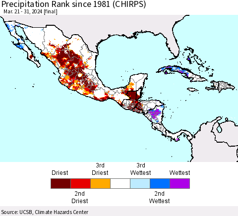Mexico Central America and the Caribbean Precipitation Rank since 1981 (CHIRPS) Thematic Map For 3/21/2024 - 3/31/2024