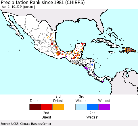 Mexico Central America and the Caribbean Precipitation Rank since 1981 (CHIRPS) Thematic Map For 4/1/2024 - 4/10/2024