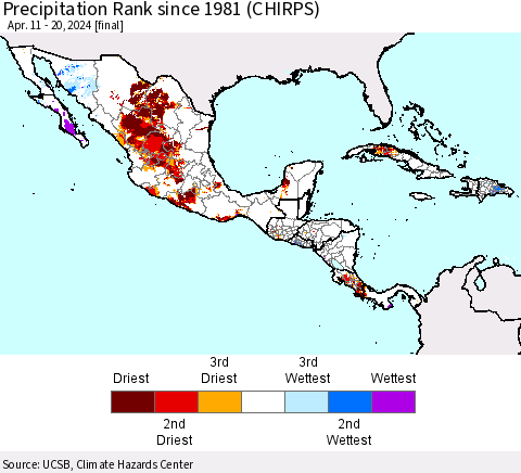 Mexico Central America and the Caribbean Precipitation Rank since 1981 (CHIRPS) Thematic Map For 4/11/2024 - 4/20/2024
