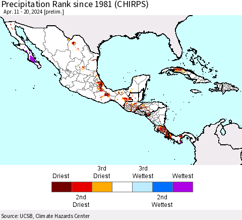 Mexico Central America and the Caribbean Precipitation Rank since 1981 (CHIRPS) Thematic Map For 4/11/2024 - 4/20/2024