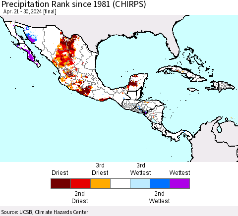 Mexico Central America and the Caribbean Precipitation Rank since 1981 (CHIRPS) Thematic Map For 4/21/2024 - 4/30/2024