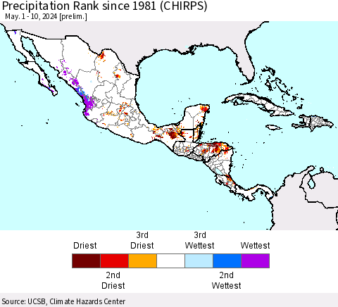 Mexico Central America and the Caribbean Precipitation Rank since 1981 (CHIRPS) Thematic Map For 5/1/2024 - 5/10/2024