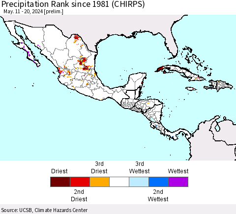 Mexico Central America and the Caribbean Precipitation Rank since 1981 (CHIRPS) Thematic Map For 5/11/2024 - 5/20/2024