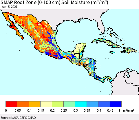 Mexico Central America and the Caribbean SMAP Root Zone (0-100 cm) Soil Moisture (m³/m³) Thematic Map For 4/1/2021 - 4/5/2021