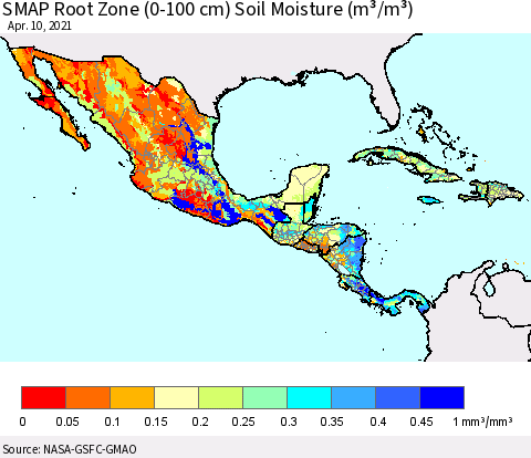 Mexico Central America and the Caribbean SMAP Root Zone (0-100 cm) Soil Moisture (m³/m³) Thematic Map For 4/6/2021 - 4/10/2021