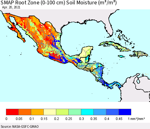 Mexico Central America and the Caribbean SMAP Root Zone (0-100 cm) Soil Moisture (m³/m³) Thematic Map For 4/16/2021 - 4/20/2021
