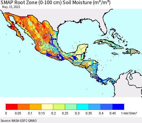 Mexico Central America and the Caribbean SMAP Root Zone (0-100 cm) Soil Moisture (m³/m³) Thematic Map For 5/11/2021 - 5/15/2021